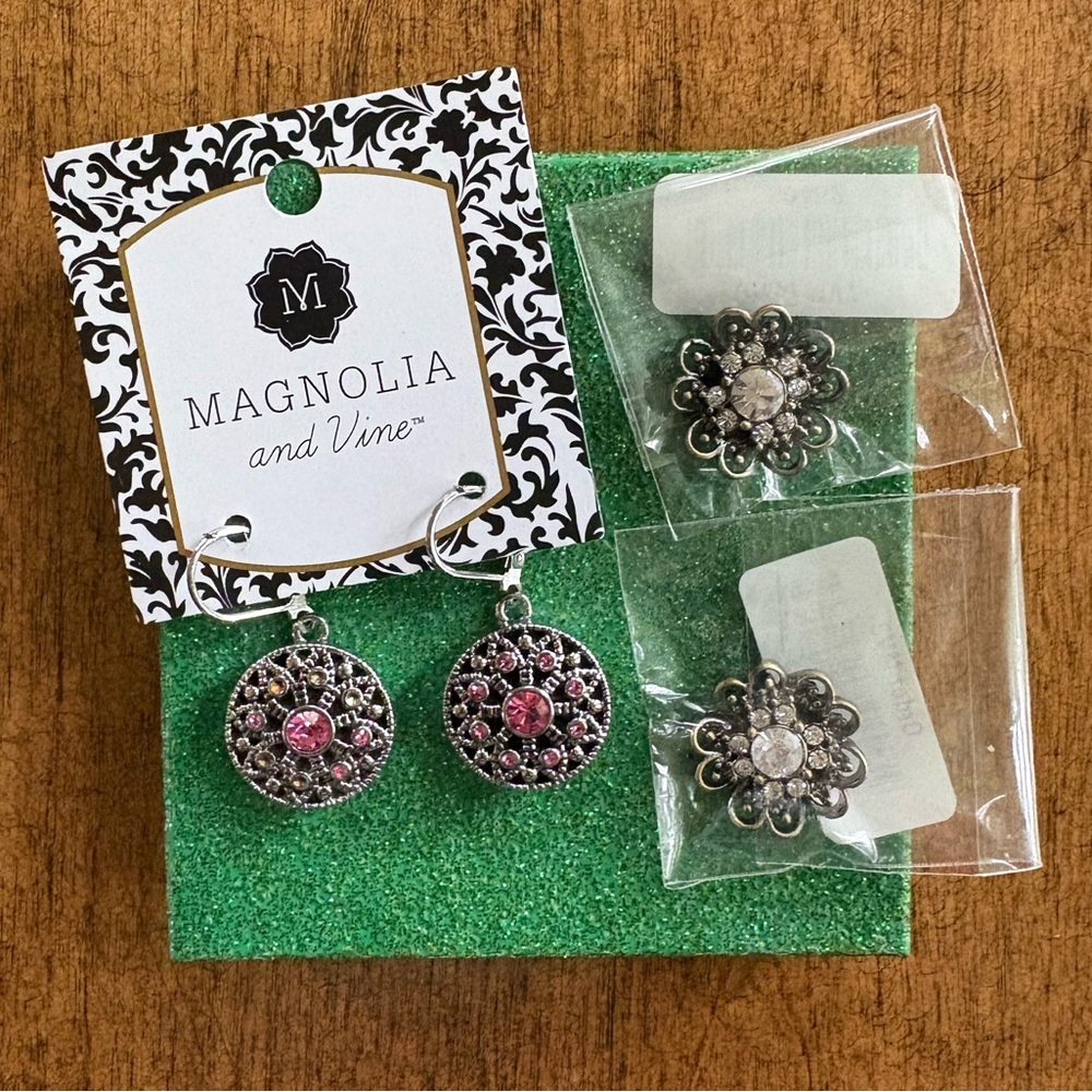 NWOT Magnolia and Vine snap on Silver and Gem Earrings (Set of 2)